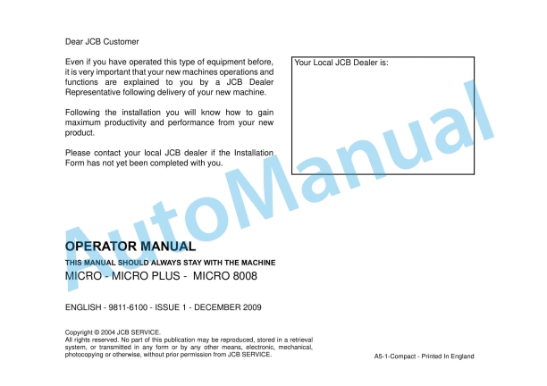 JCB Micro - Micro Plus - Micro 8008 Operator Manual 9811-6100 1 JCB Micro - Micro Plus - Micro 8008 Operator Manual 9811-6100