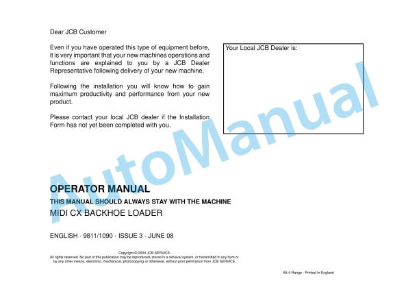 JCB Midi CX Backhoe Loader Operator Manual 9811-1090 1 JCB Midi CX Backhoe Loader Operator Manual 9811-1090
