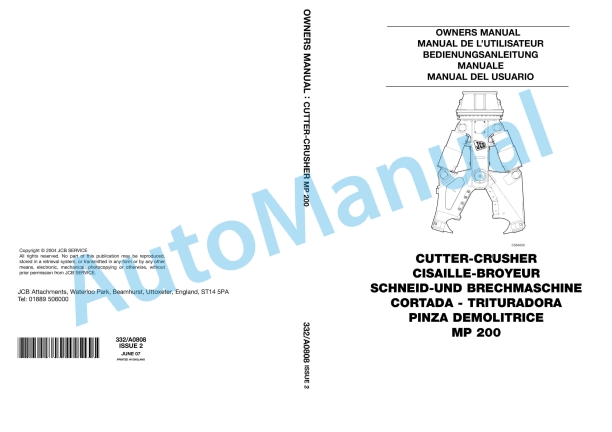 JCB MP200 Cutter-Crusher Owners Manual 332-A0808