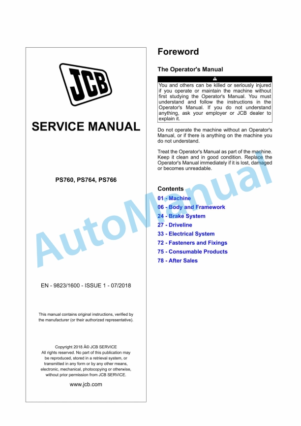 JCB PS760, PS764, PS766 Service Manual 9823-1600