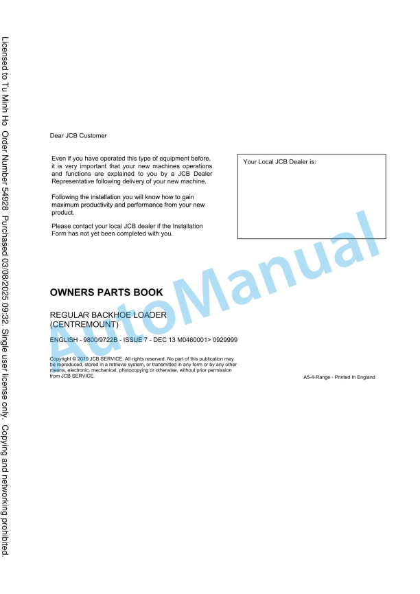 JCB Regular Backhoe Loader Owners Parts Book 9800-9722B