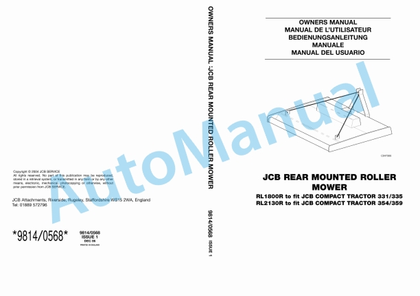 JCB RL1800R, RL2130R Rear Mounted Roller Mower Owners Manual 9814-0568 1 JCB RL1800R, RL2130R Rear Mounted Roller Mower Owners Manual 9814-0568