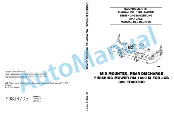 JCB RM1500M Mid Mounted Fishing Mower Operator Manual 9814-0571