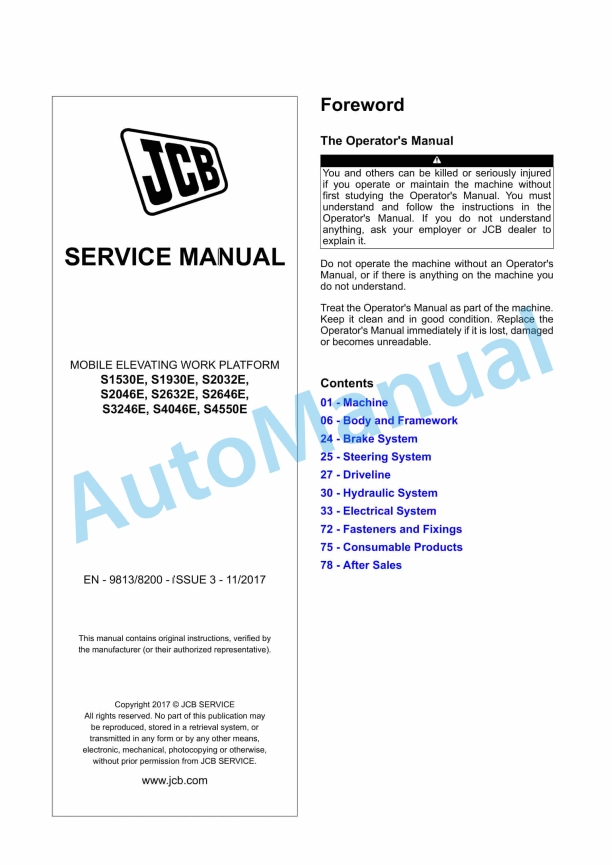 JCB S1530E to S4550E Mobile Elevating Work Platform Service Manual 9813-8200