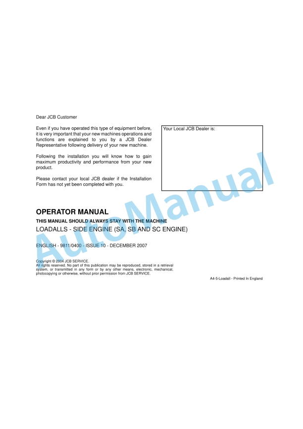 JCB Side Engine (SA, SB, SC Engine) Loadalls Operator Manual 9811-0400 1 JCB Side Engine (SA, SB, SC Engine) Loadalls Operator Manual 9811-0400