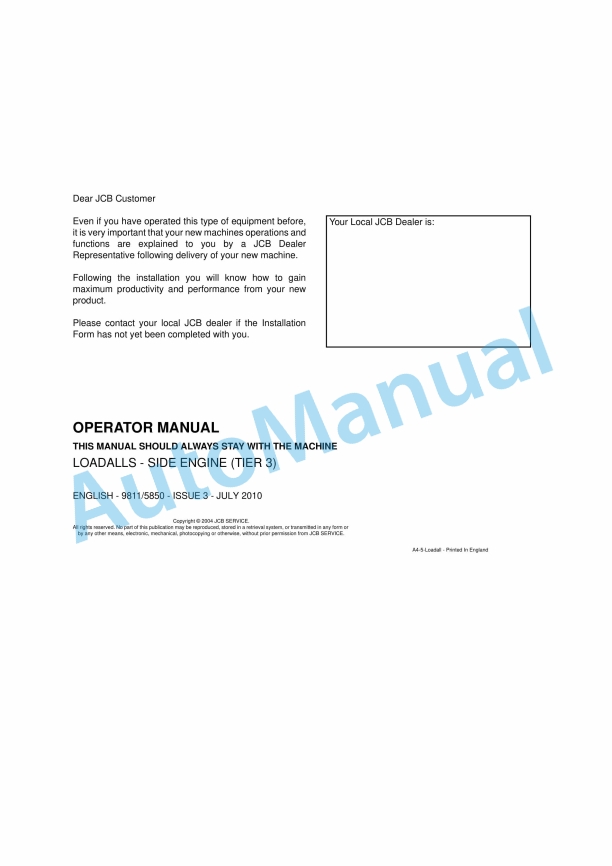 JCB Side Engine (Tier 3) Loadalls Operator Manual 9811-5850 1 JCB Side Engine (Tier 3) Loadalls Operator Manual 9811-5850