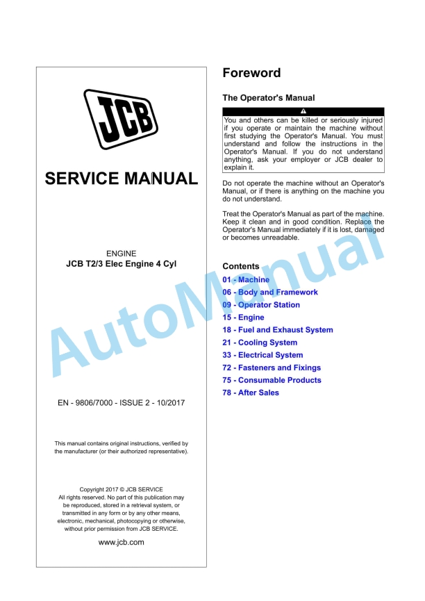 JCB T2-3 Elec Engine 4 Cyl Service Manual 9806-7000 1 JCB T2-3 Elec Engine 4 Cyl Service Manual 9806-7000