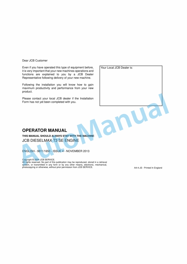 JCB T3 SE Engine DieselMax Operator Manual 9811-1650