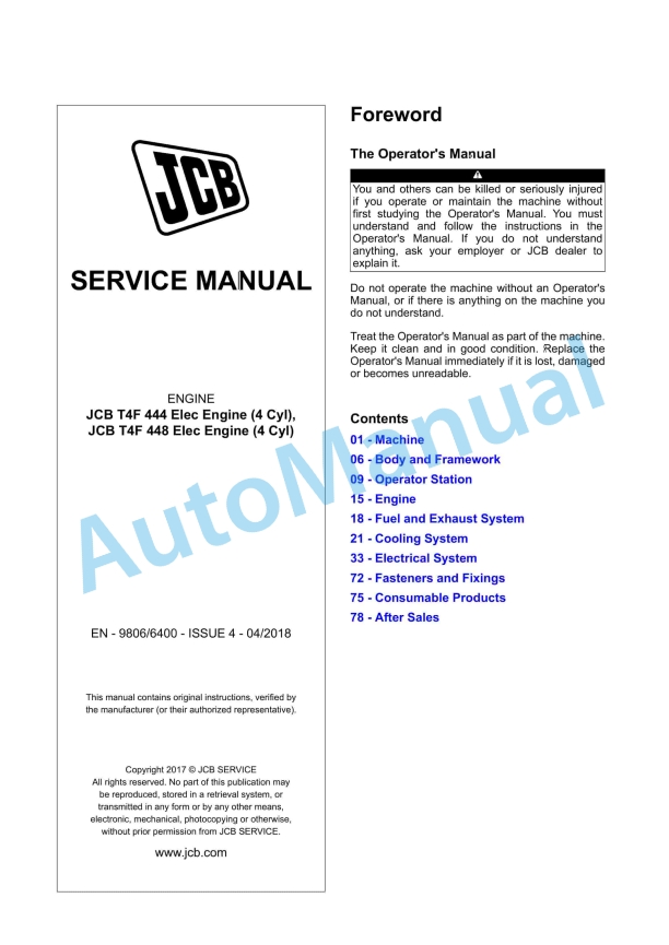 JCB T4F 444, T4F 448 Engine Service Manual 9806-6400 1 JCB T4F 444, T4F 448 Engine Service Manual 9806-6400