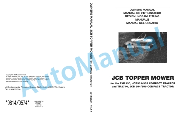 JCB Topper Mower For Compact Tractor Owners Manual 9814-0574
