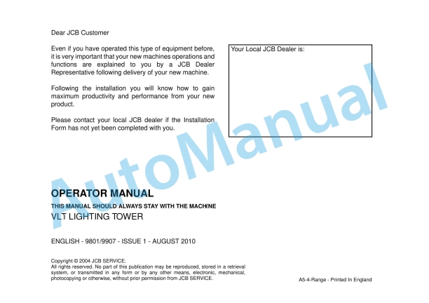 JCB VLT Lighting Tower Operator Manual 9801-9907 1 JCB VLT Lighting Tower Operator Manual 9801-9907