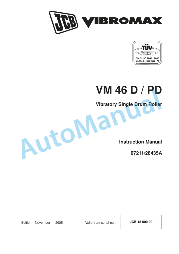 JCB VM 46 D, VM 46 PD Vibratory Single Drum Roller Instruction Manual 07211-28435A
