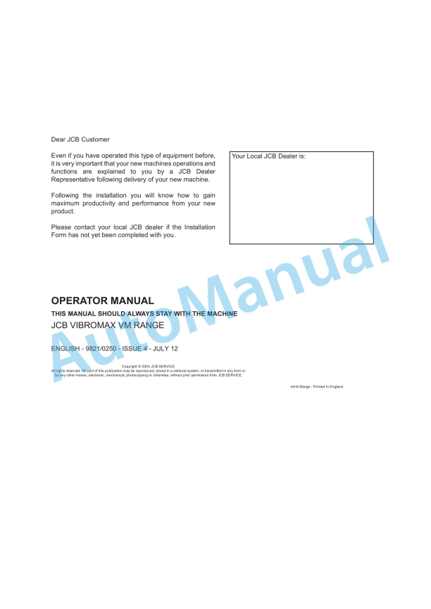 JCB VM Range Vibromax Operator Manual 9821-0250