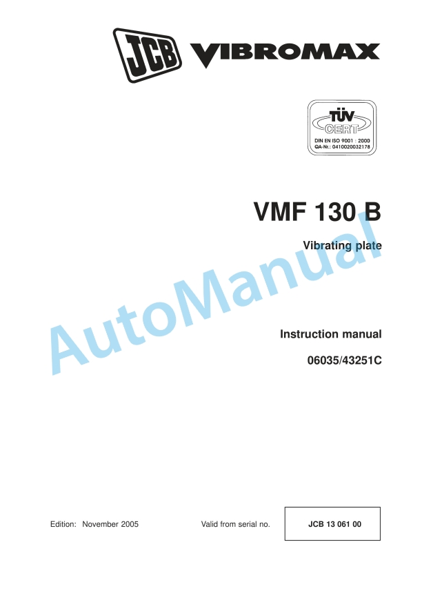 JCB VMF 130 B Vibrating Plate Instruction Manual 06035-43251C