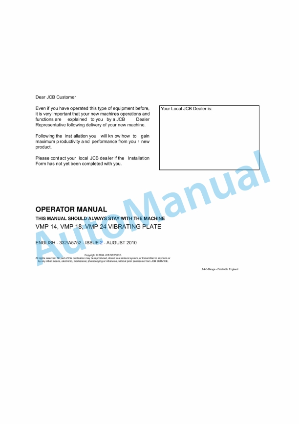 JCB VMP 14, VMP 18, VMP 24 Vibrating Plate Operator Manual 332-A5752 1 JCB VMP 14, VMP 18, VMP 24 Vibrating Plate Operator Manual 332-A5752