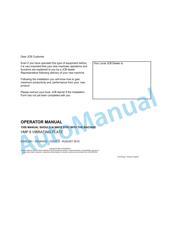 JCB VMP 8 Vibrating Plate Operator Manual 332-A4353