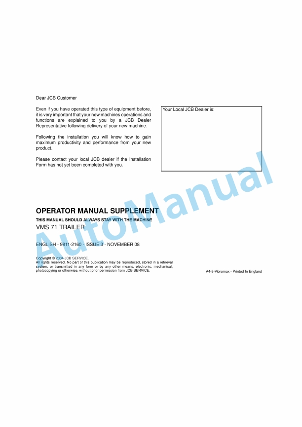 JCB VMS 71 Trailer Operator Manual 9811-2160