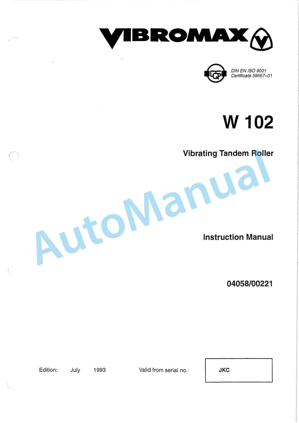 JCB W 102 Vibrating Tandem Roller Instruction Manual 04058-00221