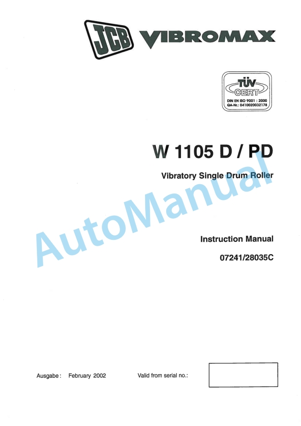 JCB W 1105 D, W 1105 PD Vibratory Single Drum Roller Instruction Manual 07241-28035C