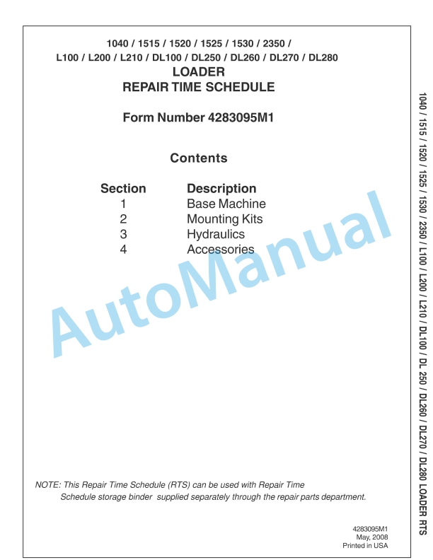 Massey Ferguson 1040 to 2350, L100 to DL280 Loader Repair Time Schedule 4283095M1