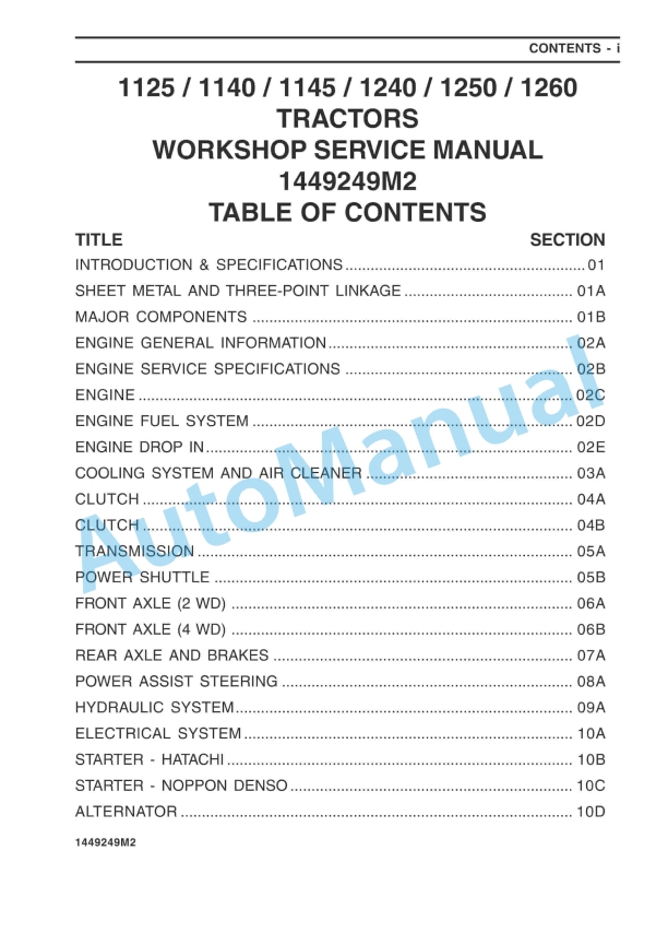 Massey Ferguson 1125, 1140, 1145, 1240, 1250, 1260 Tractors Workshop Service Manual 1449249M2