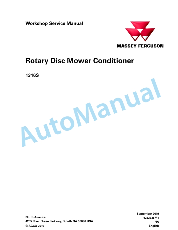 Massey Ferguson 1316S Rotary Disc Mower Conditioner Workshop Service Manual 4283635M1