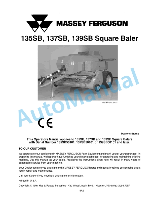 Massey Ferguson 135SB, 137SB, 139SB Square Baler Operator Manual