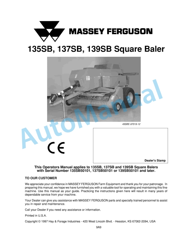 Massey Ferguson 135SB, 137SB, 139SB Square Baler Operators Manual 45SBE9701912