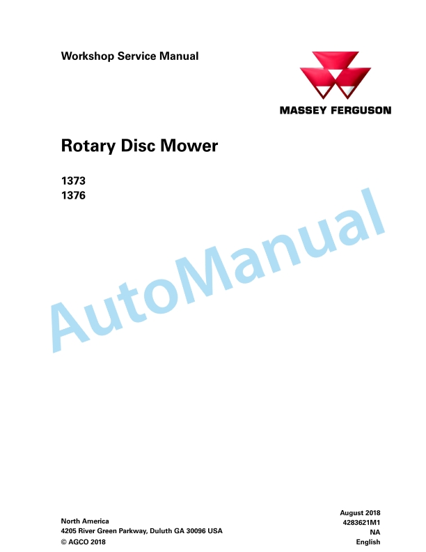 Massey Ferguson 1363, 1376 Rotary Disc Mower Workshop Service Manual 4283621M1