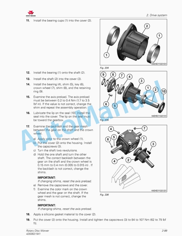 Massey Ferguson 1363, 1376 Rotary Disc Mower Workshop Service Manual 4283621M1-2