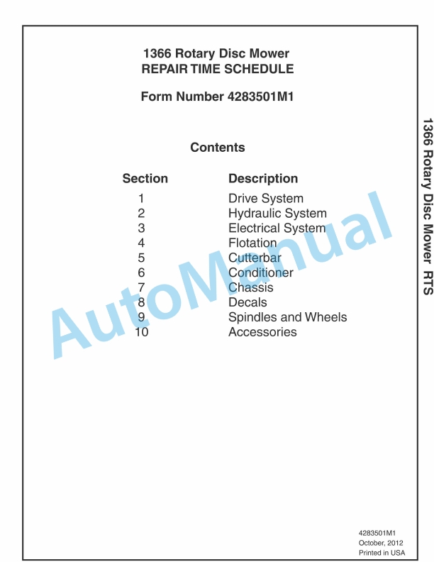 Massey Ferguson 1366 Rotary Disc Mower Repair Time Schedule 4283501M1