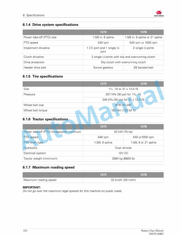 Massey Ferguson 1373, 1376 Rotary Disc Mower Operators Manual 700751490C-5