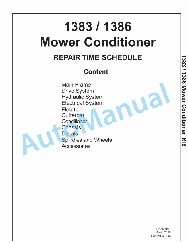 Massey Ferguson 1383, 1386 Mower Conditioner Repair Time Schedule 4283589M1