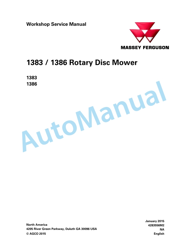 Massey Ferguson 1383, 1386 Rotary Disc Mower Workshop Service Manual 4283556M2