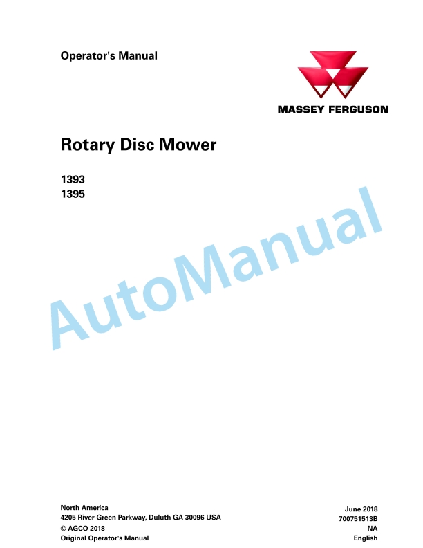 Massey Ferguson 1393, 1395 Rotary Disc Mower Operators Manual 700751513B