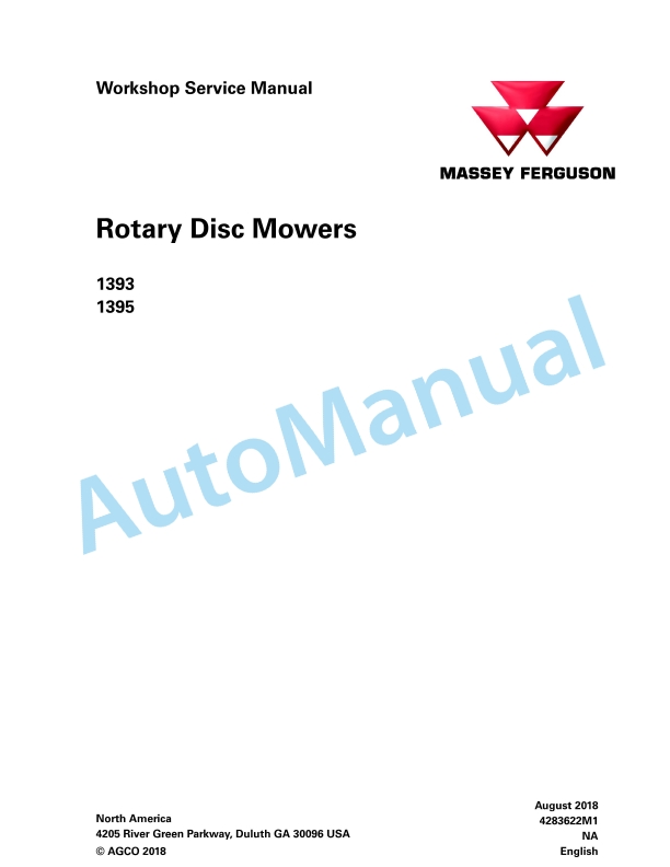 Massey Ferguson 1393, 1395 Rotary Disc Mower Workshop Service Manual 4283622M1