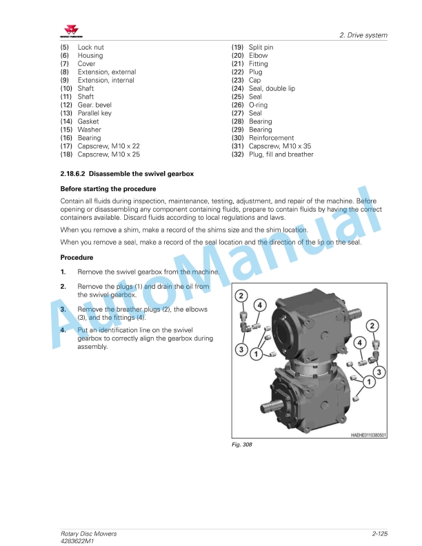 Massey Ferguson 1393, 1395 Rotary Disc Mower Workshop Service Manual 4283622M1-2