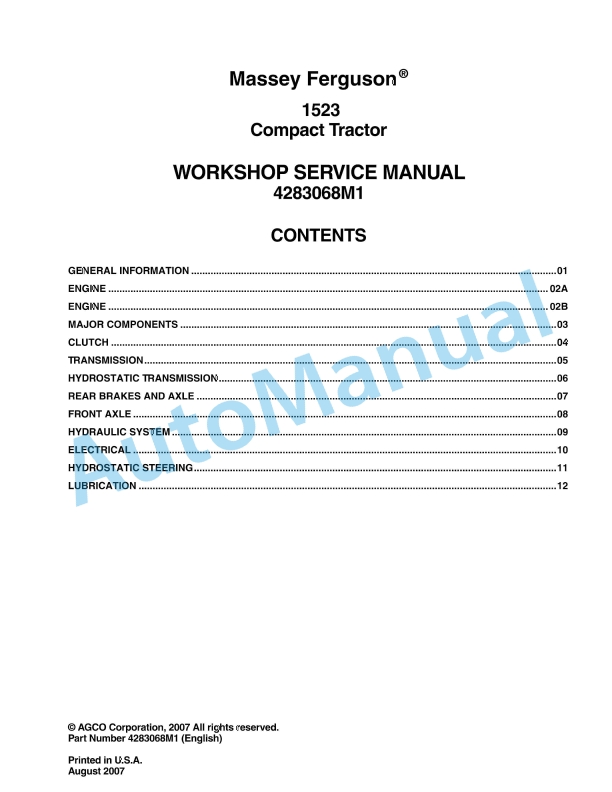Massey Ferguson 1523 Compact Tractor Workshop Service Manual 4283068M1
