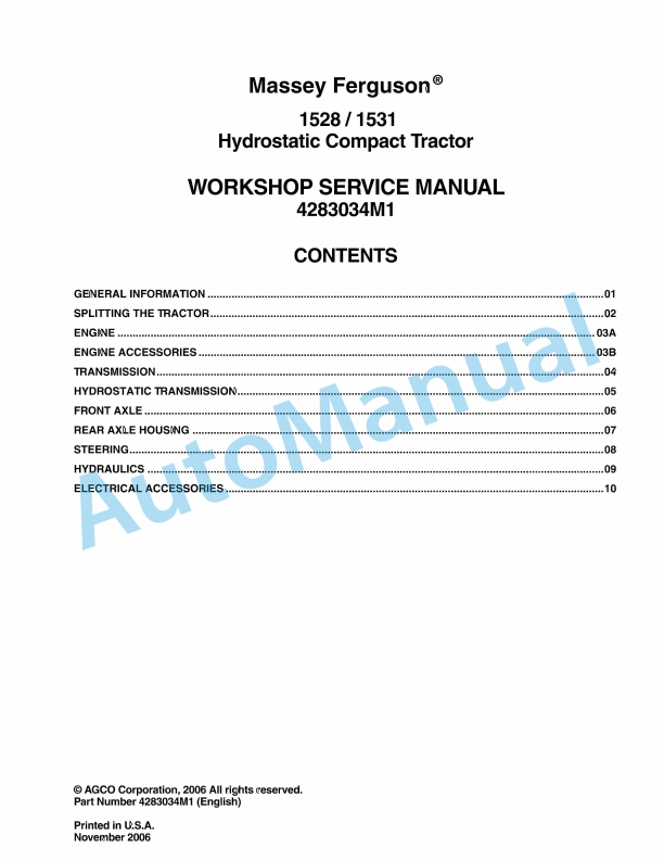 Massey Ferguson 1528, 1531 Hydrostatic Compact Tractor Workshop Service Manual 4283034M1
