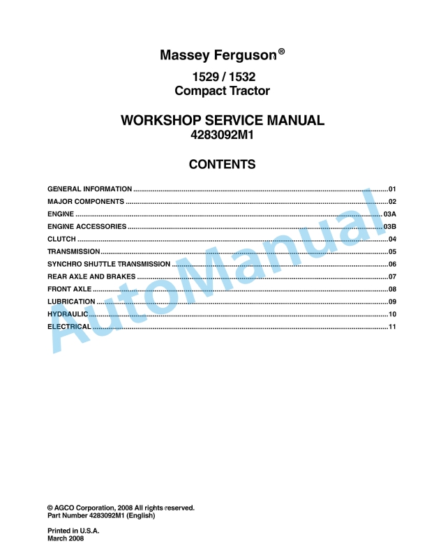 Massey Ferguson 1529, 1532 Hydrostatic Compact Tractor Workshop Service Manual 4283092M1
