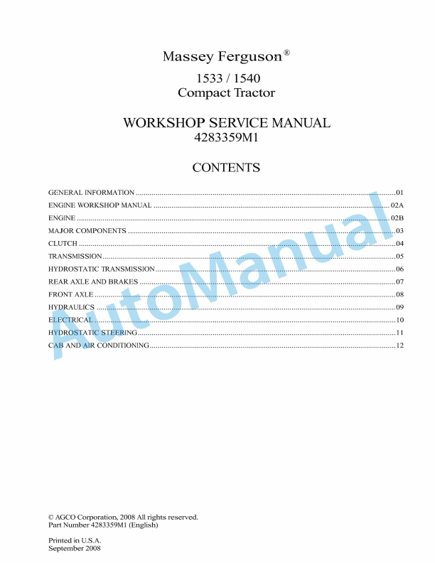 Massey Ferguson 1533, 1540 Compact Tractor Workshop Service Manual 4283359M1