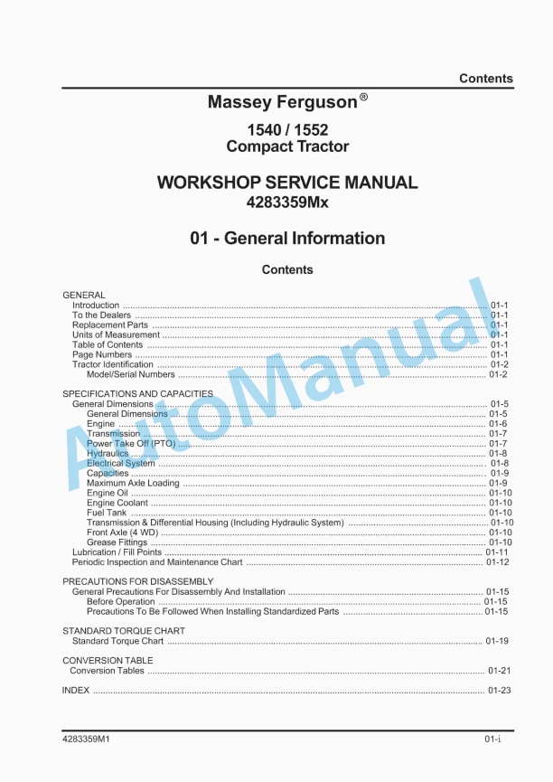 Massey Ferguson 1540, 1552 Compact Tractor Workshop Service Manual 4283359Mx