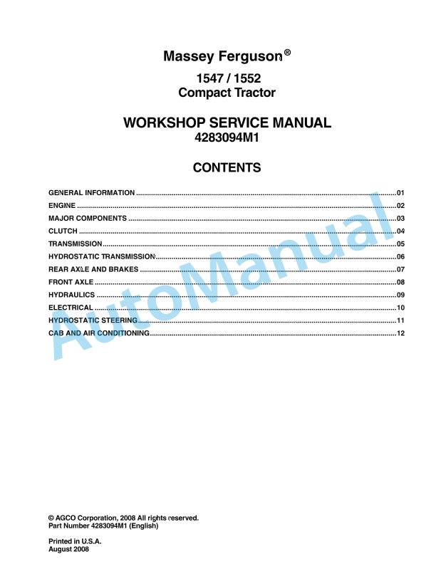 Massey Ferguson 1547, 1552 Compact Tractor Workshop Service Manual 4283094M1