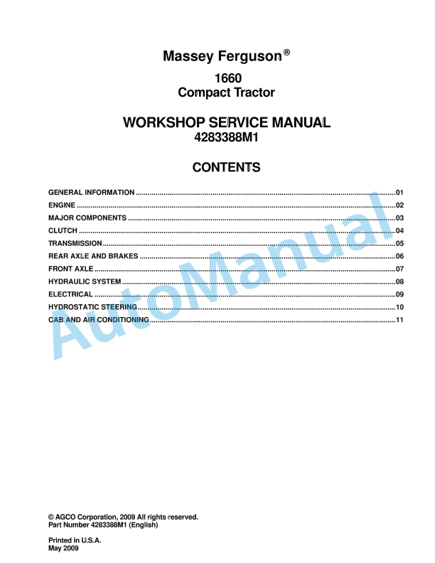 Massey Ferguson 1660 Compact Tractor Workshop Service Manual 4283388M1