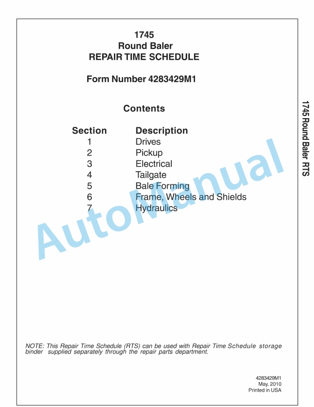 Massey Ferguson 1745 Round Baler Repair Time Schedule 4283429M1