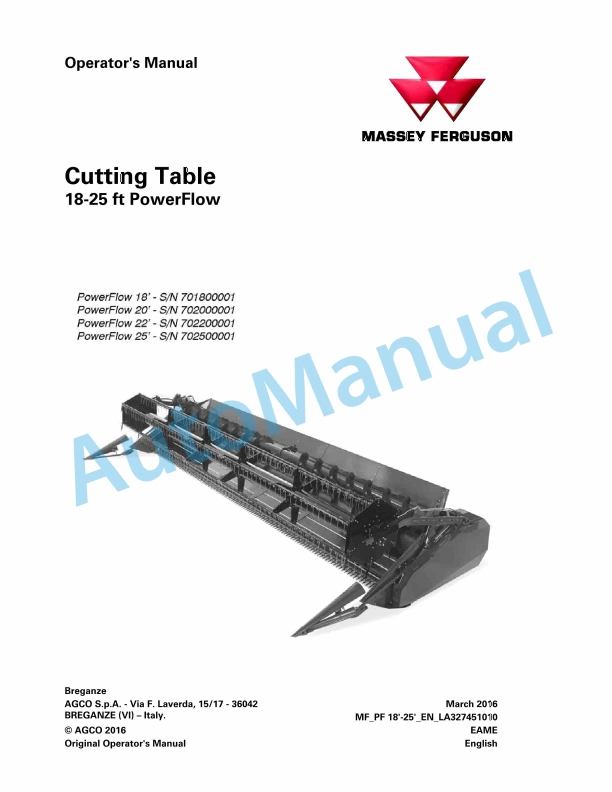 Massey Ferguson 18-25 ft PowerFlow Cutting Table Operators Manual LA327451010