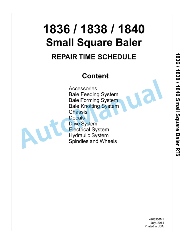 Massey Ferguson 1836, 1838, 1840 Small Square Baler Repair Time Schedule 4283566M1