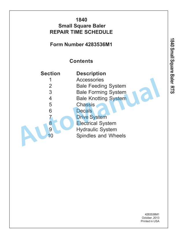 Massey Ferguson 1840 Small Square Baler Repair Time Schedule 4283536M1