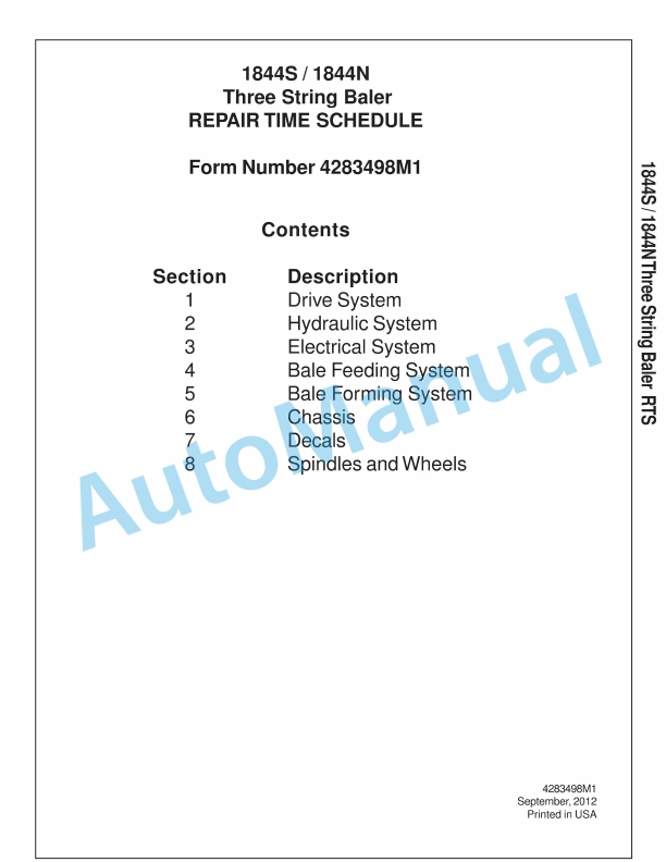 Massey Ferguson 1844S, 1844N Three String Baler Repair Time Schedule 4283498M1