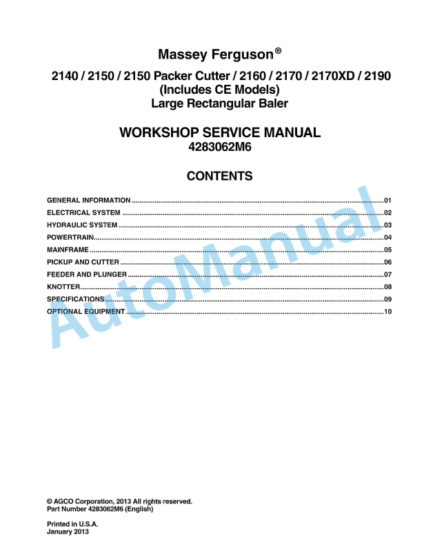 Massey Ferguson 2140 to 2150 Packer Cutter, 2160 to 2190 Large Rectangular Baler Workshop Service Manual 4283062M6
